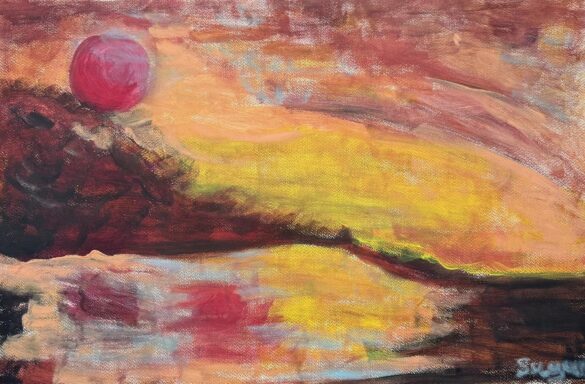 Zaxaroula Bongard, Το νησί της φωτιάς, 50x70cm, gouache σε χαρτί κανσόν ακουαρέλας